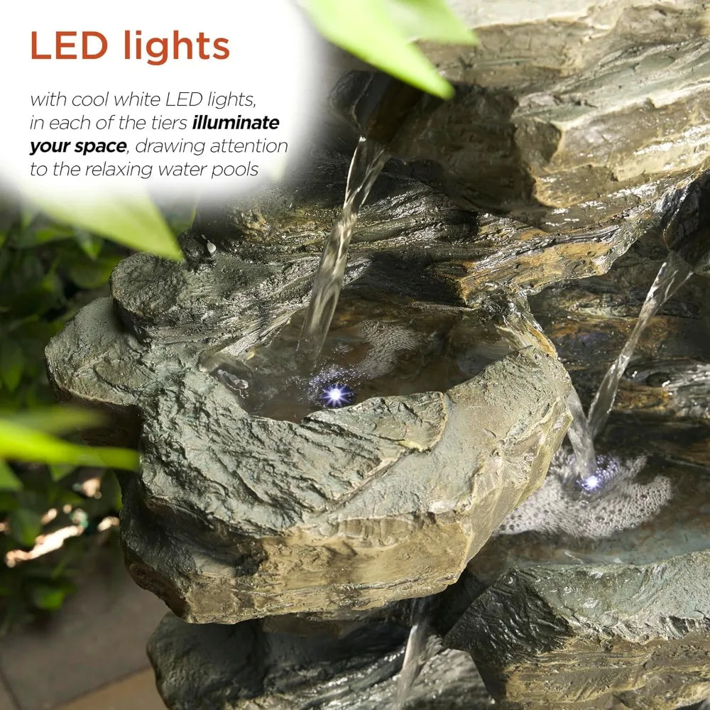 Outdoor Multitiered Cascading Rock Garden Water Floor Fountain with LED Lights, 39" H, Green