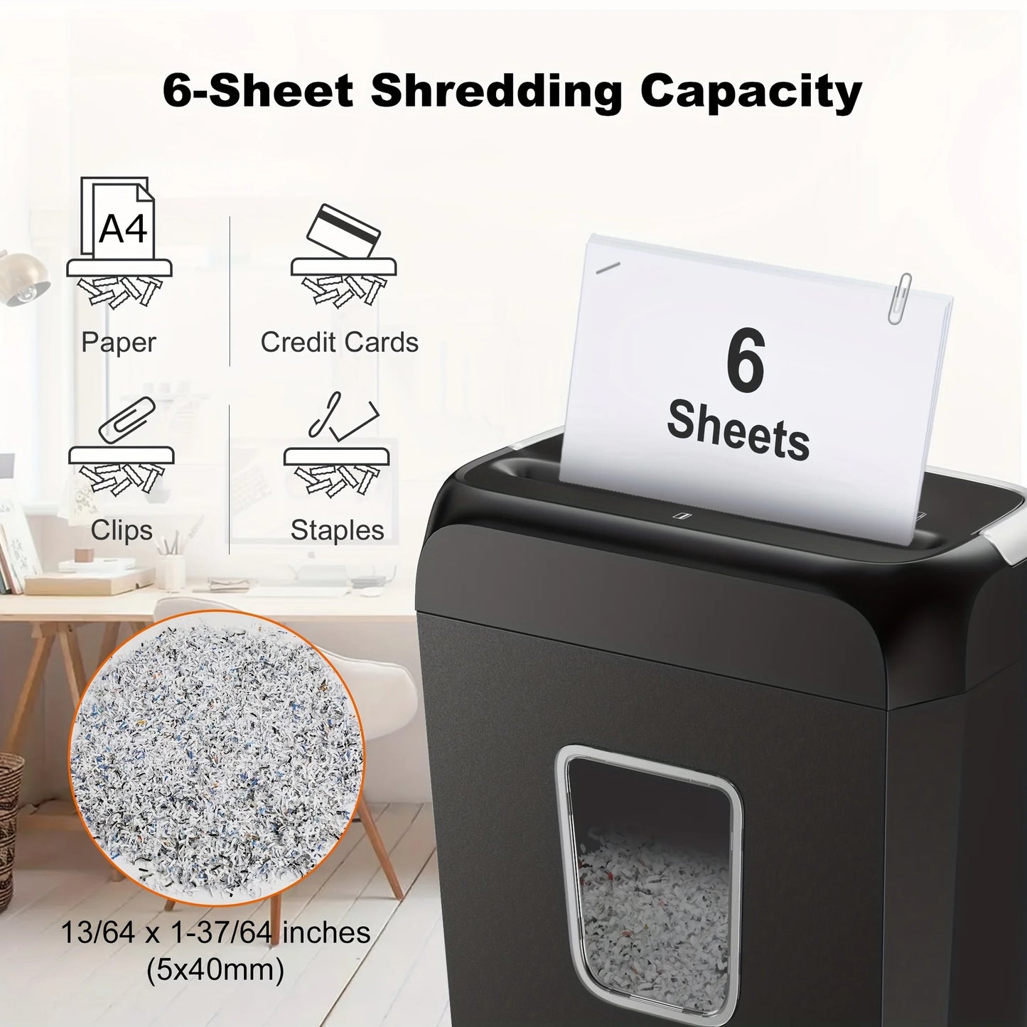 6-Sheet Cross-Cut Paper Shredder with 3.4-Gallon Wastebasket for Home Office Shreds Credit Cards,Paper, Mail, Staples and Clips