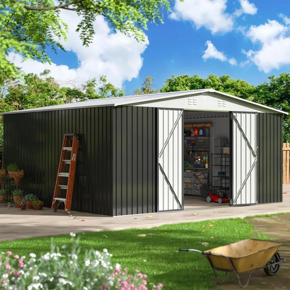 12x14 Foot Outdoor Storage Shed With Lockable Doors White