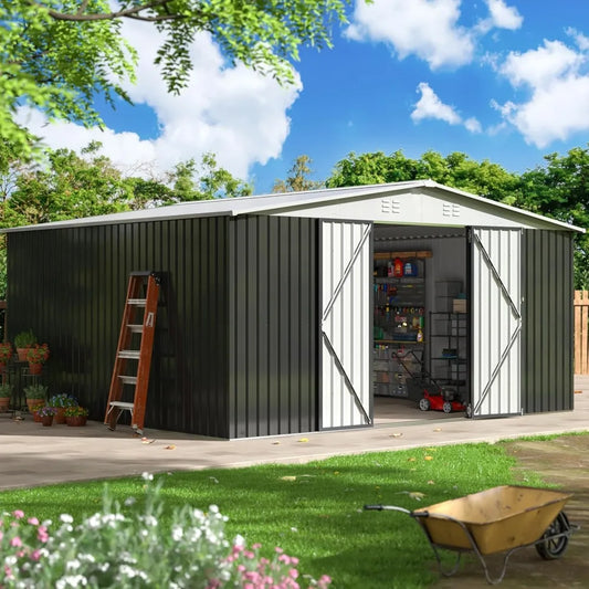 12x14 Foot Outdoor Storage Shed With Lockable Doors White