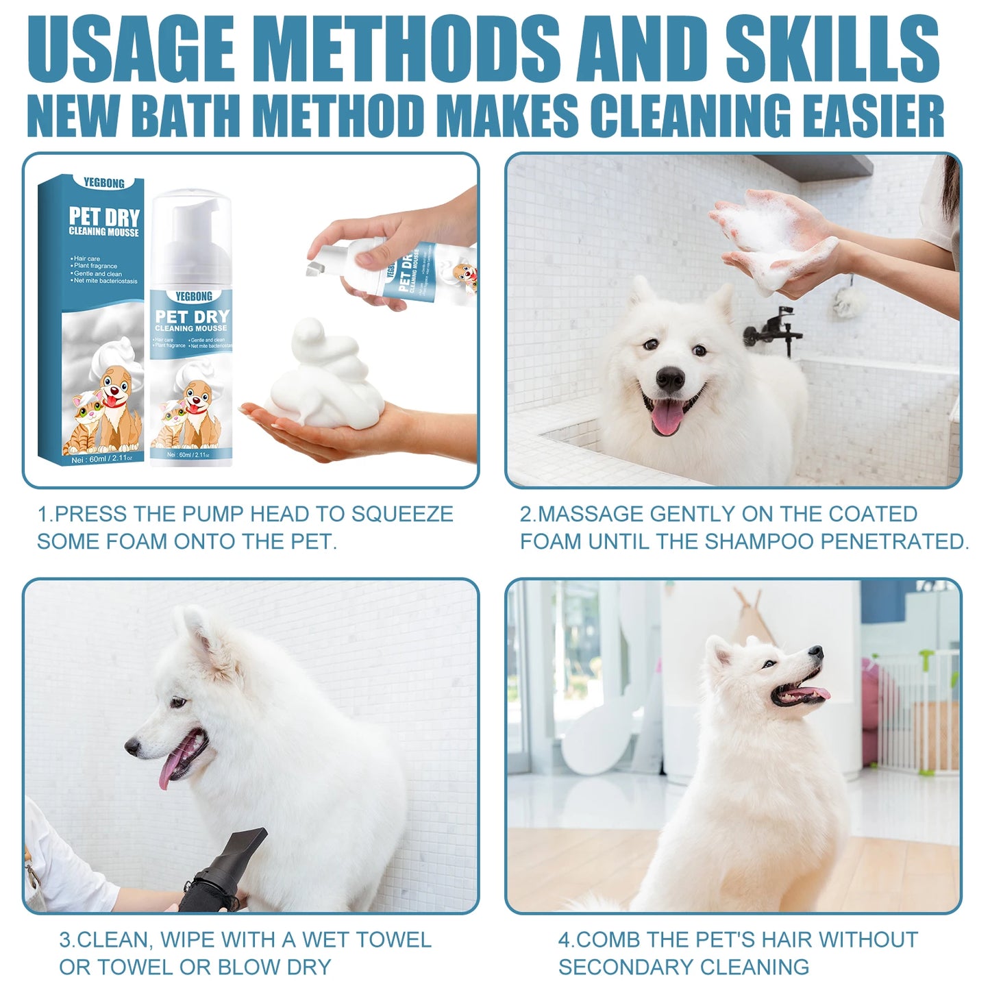 60ml Pet Dry Cleaning Agent Deodorizing Shampoo Waterless Small Animal Rinse Free Body Wash Itch Removing Stain Pet Products