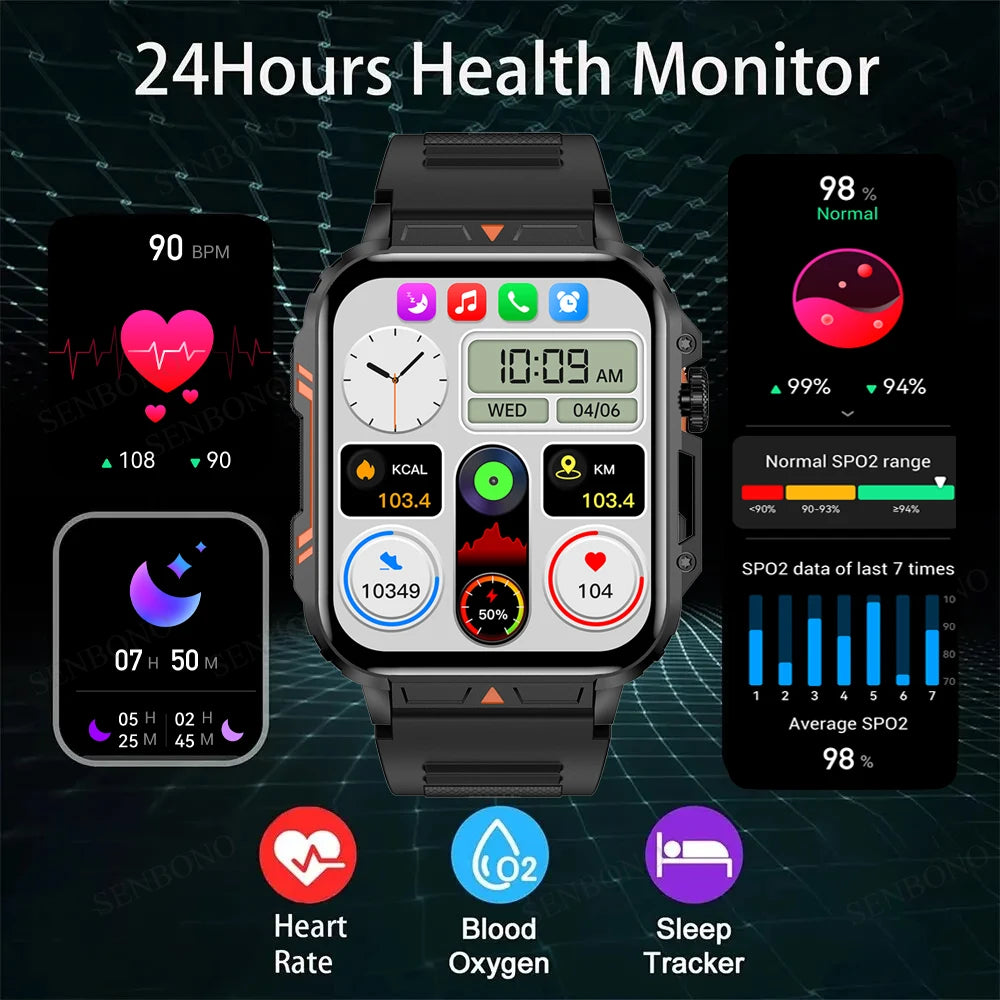SENBONO Military Men Smart Watch Bluetooth Call 24/7 Heart Rate Monitor IP68 Waterproof 100+ Sport Mode Smartwatch for Men Women