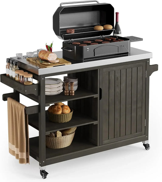 XL Solid Wood Outdoor Grill Cart With Spice Rack And Table