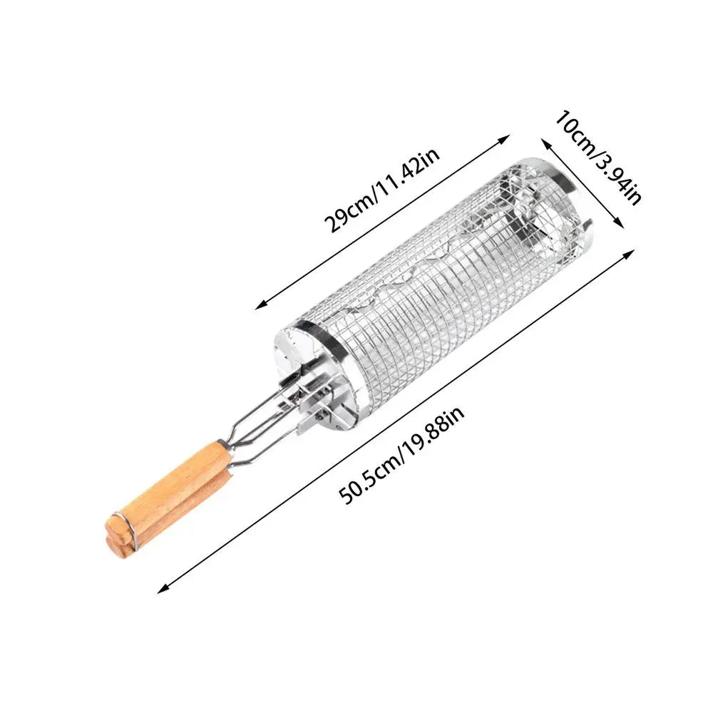 Stainless Steel Barbecue Cages Portable Grill Basket Camping Cookware Outdoor Round BBQ Campfire Grid Rolling Grill Basket