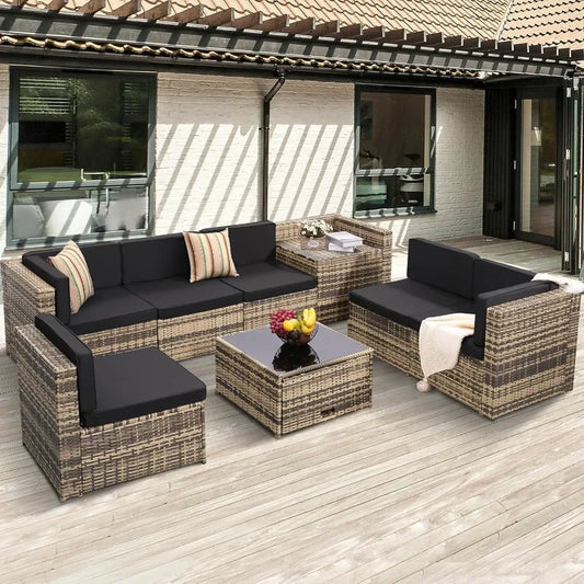 8 Piece Outdoor Wicker Patio Sectional Set With Glass Table