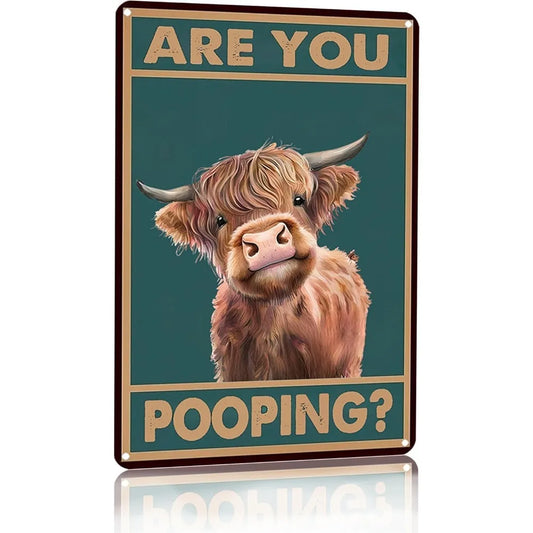 Vintage Highland Cow Tin Sign Funny Are You Pooping Bathroom Wall Decor for Western Highland Cow Lovers 8 x 12 Inch
