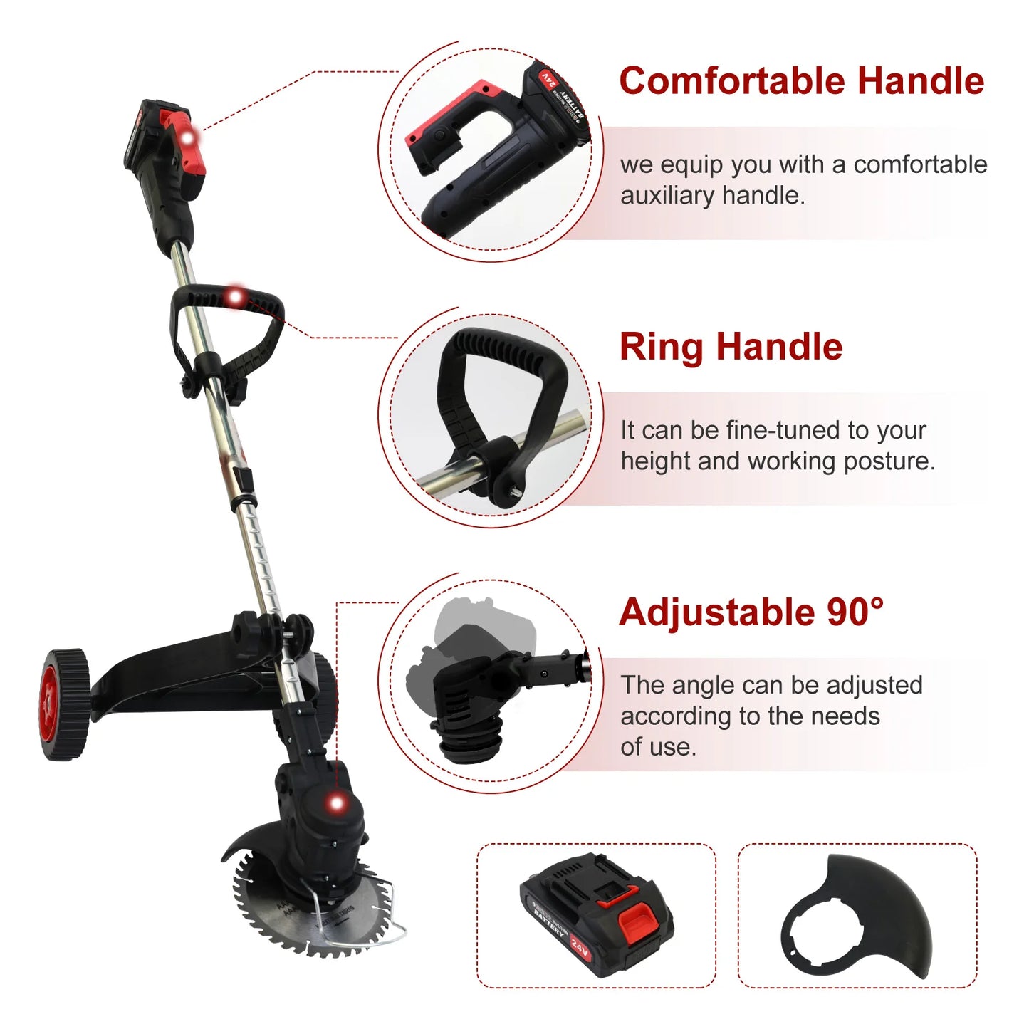 Electric Weed Trimmer Cordless Electric Lawn Mower Red 21V with 5c 1.5Ah Lithium-Ion Battery Tool for Lawn Care and Garden Yard