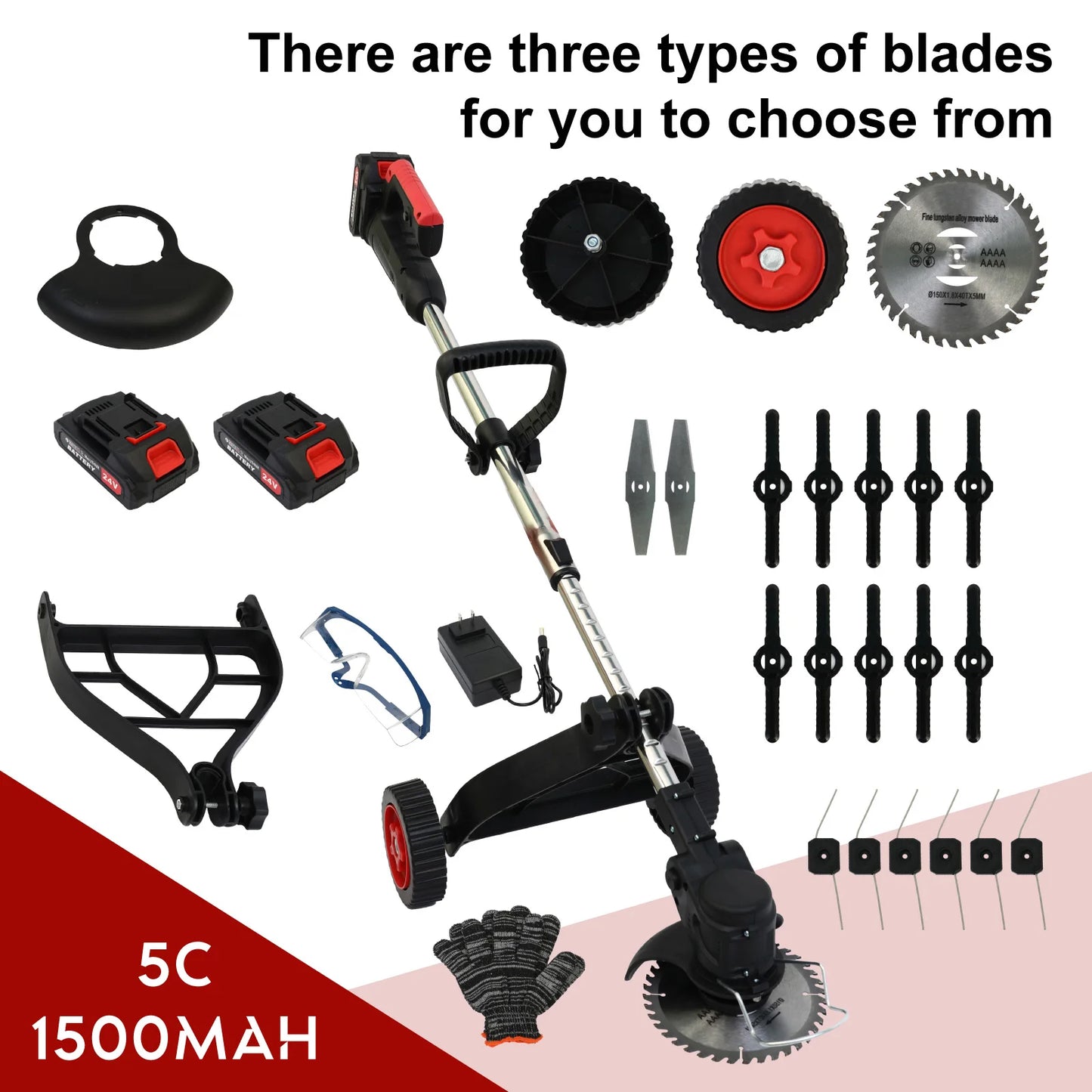 Electric Weed Trimmer Cordless Electric Lawn Mower Red 21V with 5c 1.5Ah Lithium-Ion Battery Tool for Lawn Care and Garden Yard