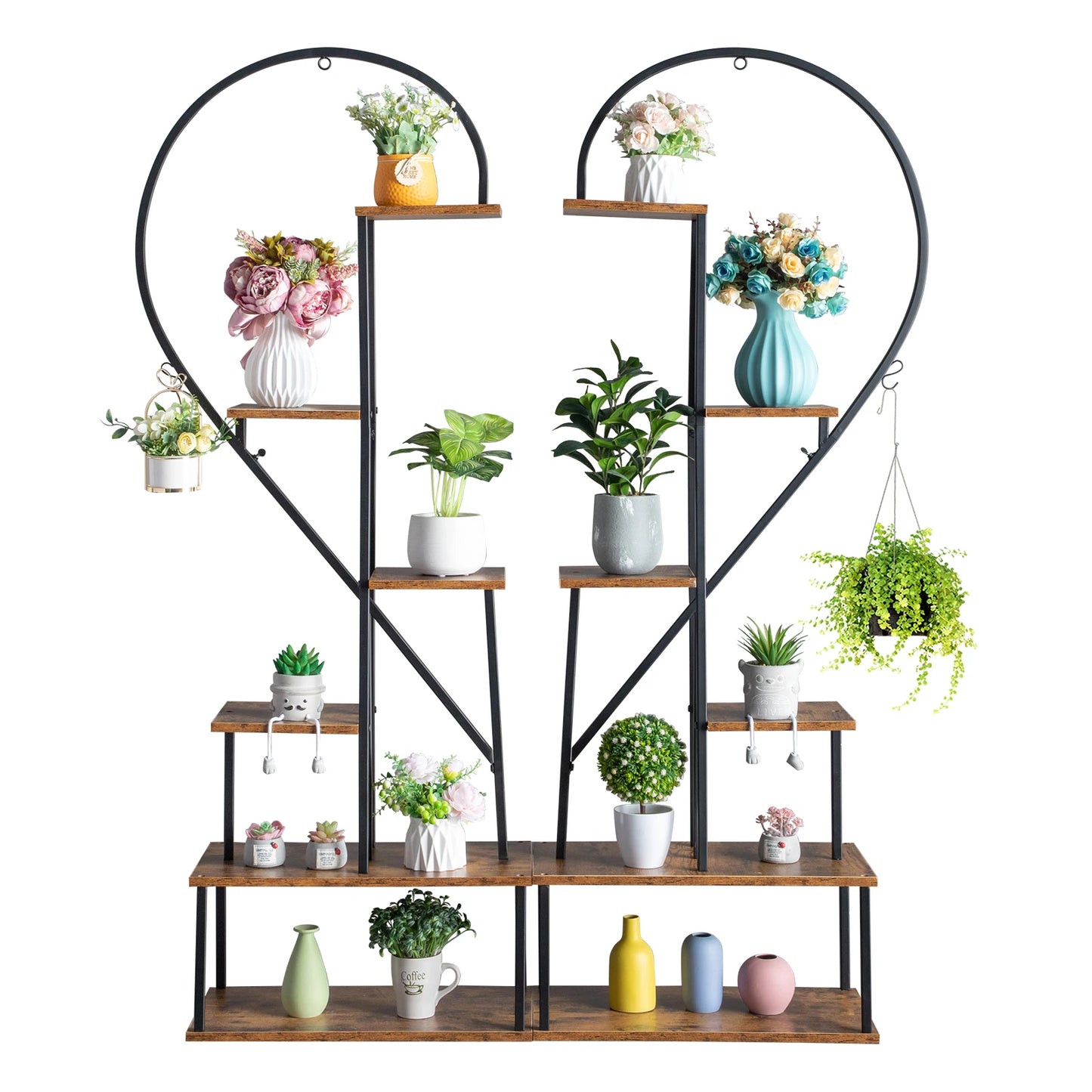Artisasset 2pcs 6 Layers Half Heart Iron Wood Suitable For Garden Balcony Patio Lawn Home Decoration Plant Stand Flower Pot Stan