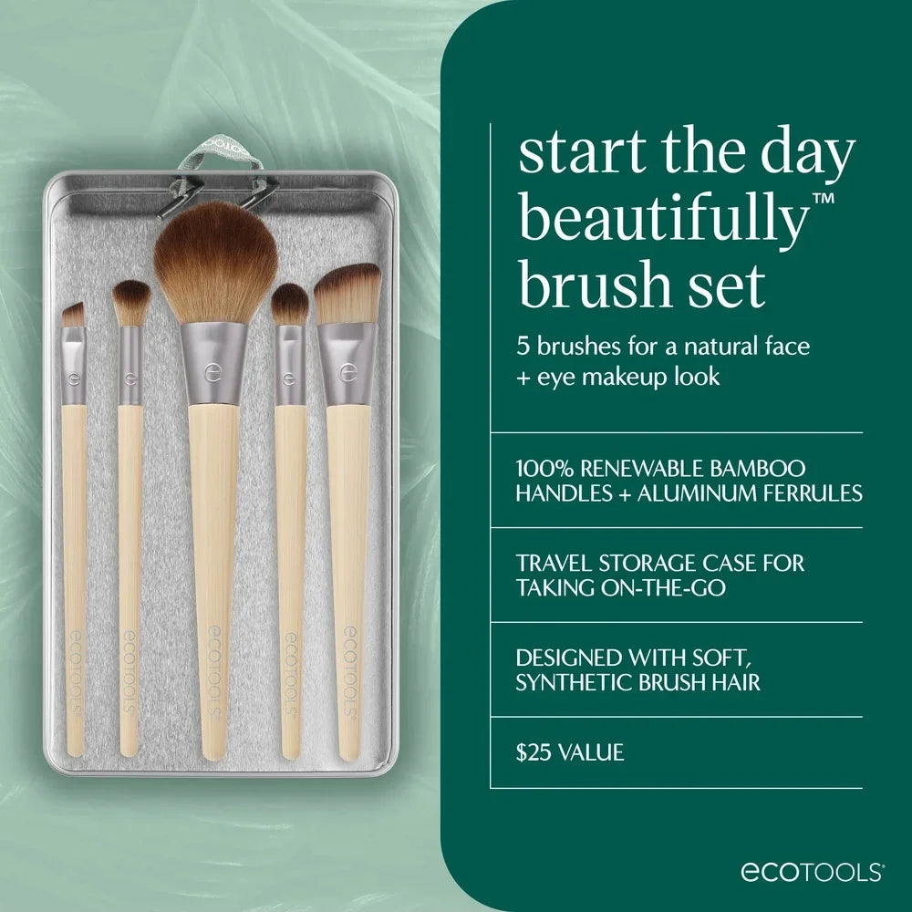 6 Piece Eco-Friendly Makeup Brush Set with Storage Tray Blush Angled Foundation Concealer Eyeshadow Liner Brushes Daily Beauty
