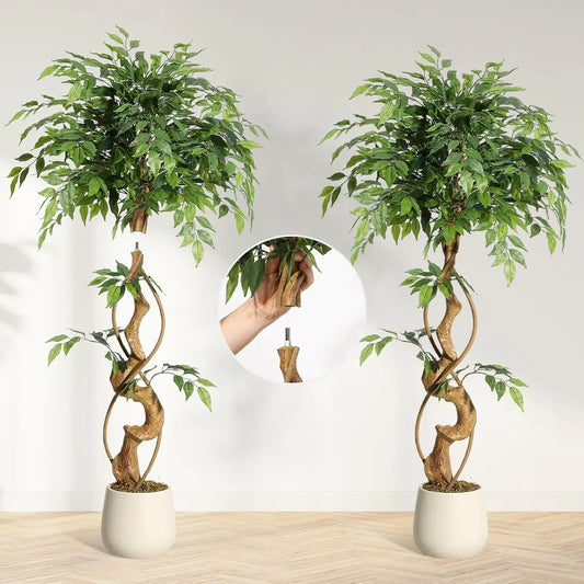Ficus Artificial Tree with Curved Trunk Plant Fake Silk Trees with White Pot Ficus Tree for Home Decor, Artificial Plants Indoor