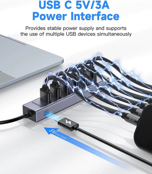 FORIDA 8 IN 1 USB 3.0 Hub 5Gbps 47.2inch Long Cable Network HUB 5V/3A Power Port 6PCS USB A 3.0 Adapter for Laptop PC