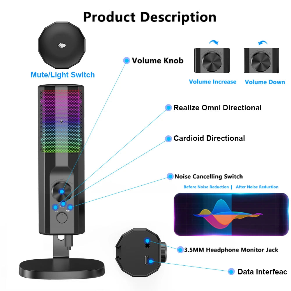 3.5mm Condenser Mic With ENC Noise Cancelling RGB Lighting