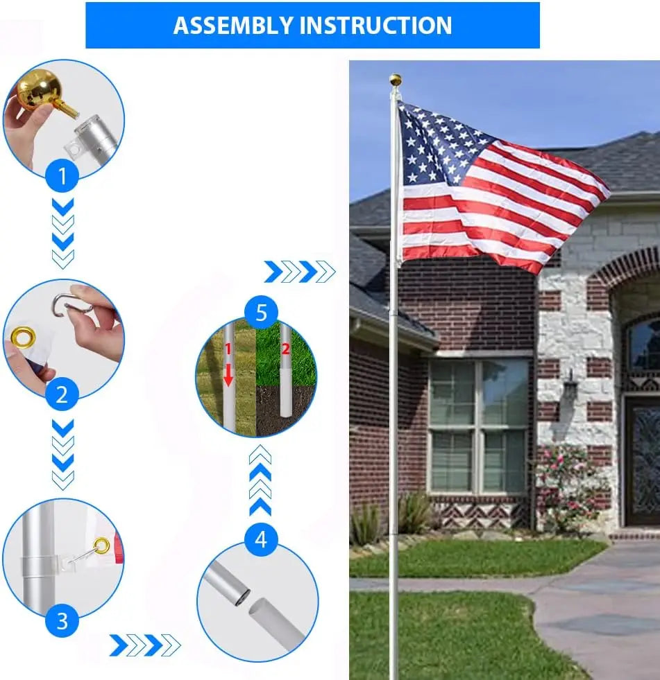 Flag Pole for Outside In Ground, Extra Thick Outdoor Heavy Duty Patio Flagpole with 3x5 American Flag for Commercial Residential