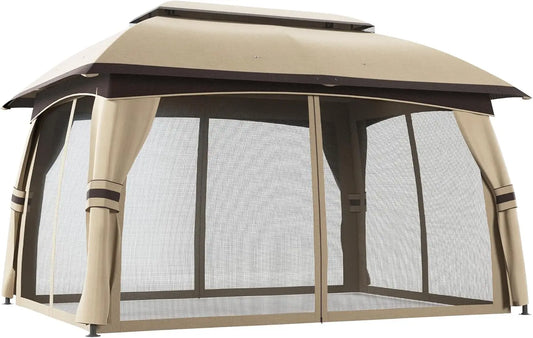 10' x 13' Patio Gazebo, Outdoor Gazebo Canopy Shelter with Netting, Steel Frame for Garden, Lawn, Backyard, and Deck, Beige
