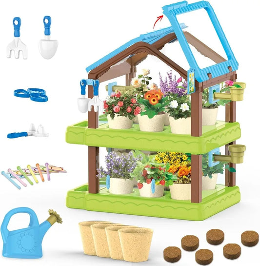 Kids Gardening Kit Greenhouse Growing Terrarium Kit, Kids Plant Growing kit, Kids Gardening Set with Garden Tools, Wateri