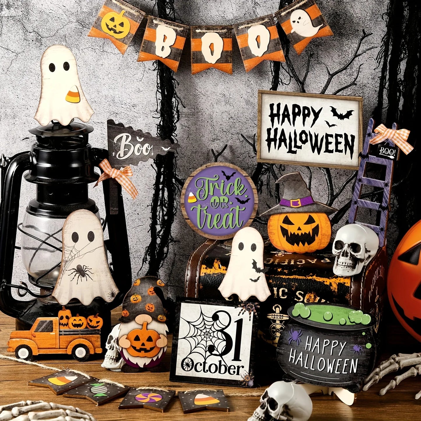 21 Piece Halloween Tiered Tray Decor Set Rustic Wood Signs