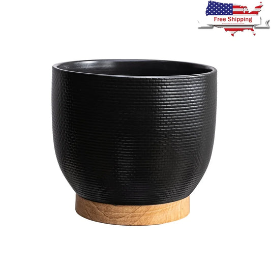 10 Inch Black Ceramic Planter With Wood Base Drainage