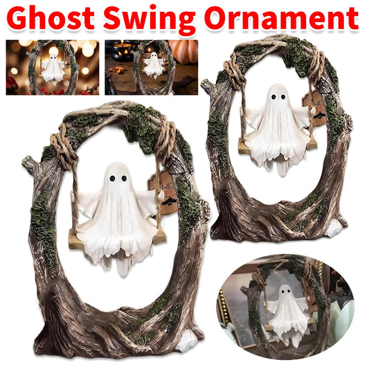 Ghost On Tree Swing Resin Statue Cute Spooky Ornament For Indoor Outdoor Porch Multi Purpose Decoration