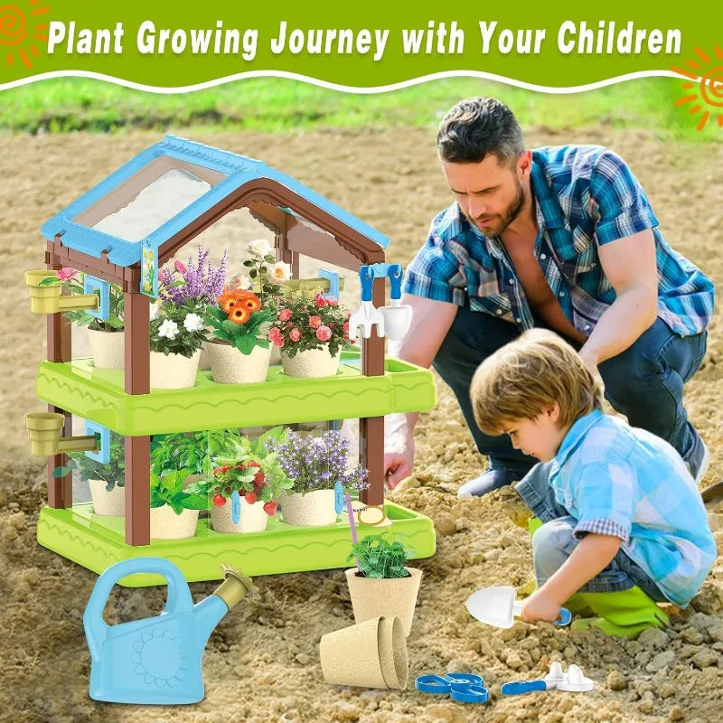 Kids Gardening Kit Greenhouse Growing Terrarium Kit, Kids Plant Growing kit, Kids Gardening Set with Garden Tools, Wateri