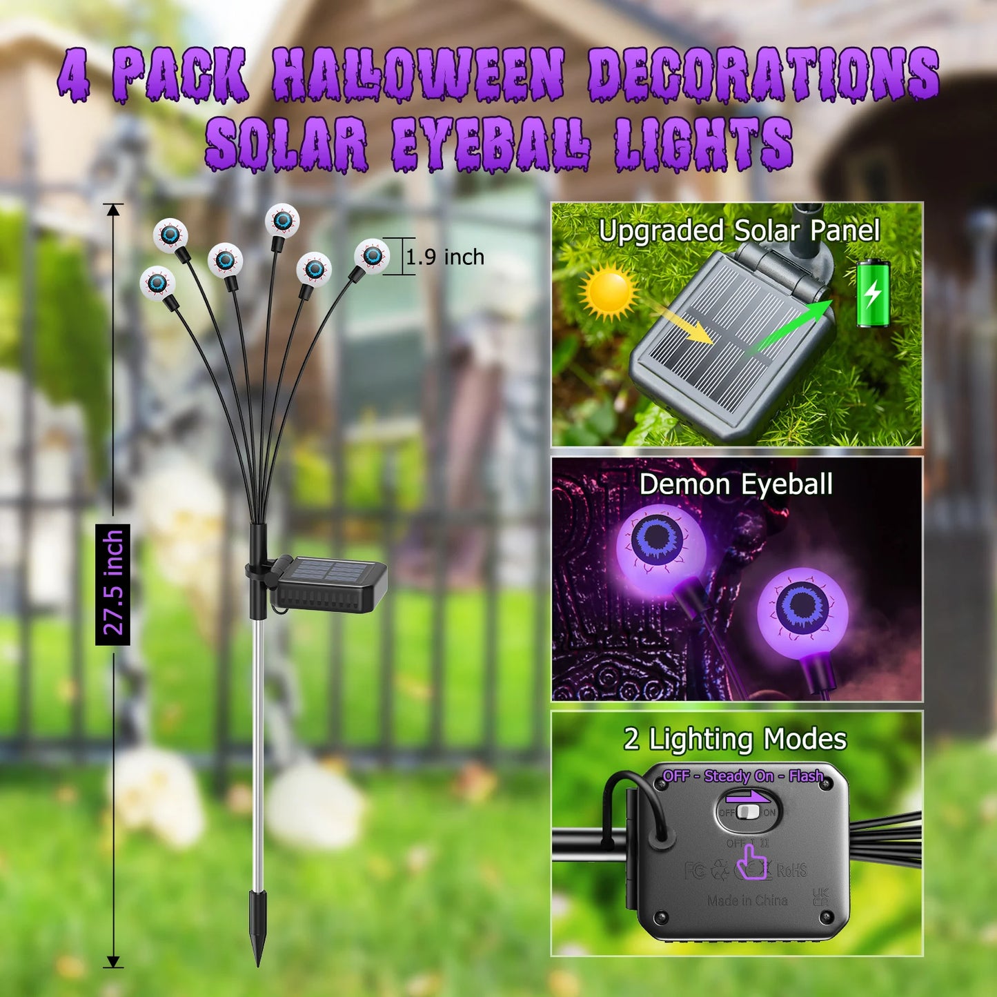 2/4/6 Pack Halloween Decorations Outdoor Solar Scary Eyeball Lights, Purple/Green Eyeball Lights, For Yard/ Garden/ Party Decor