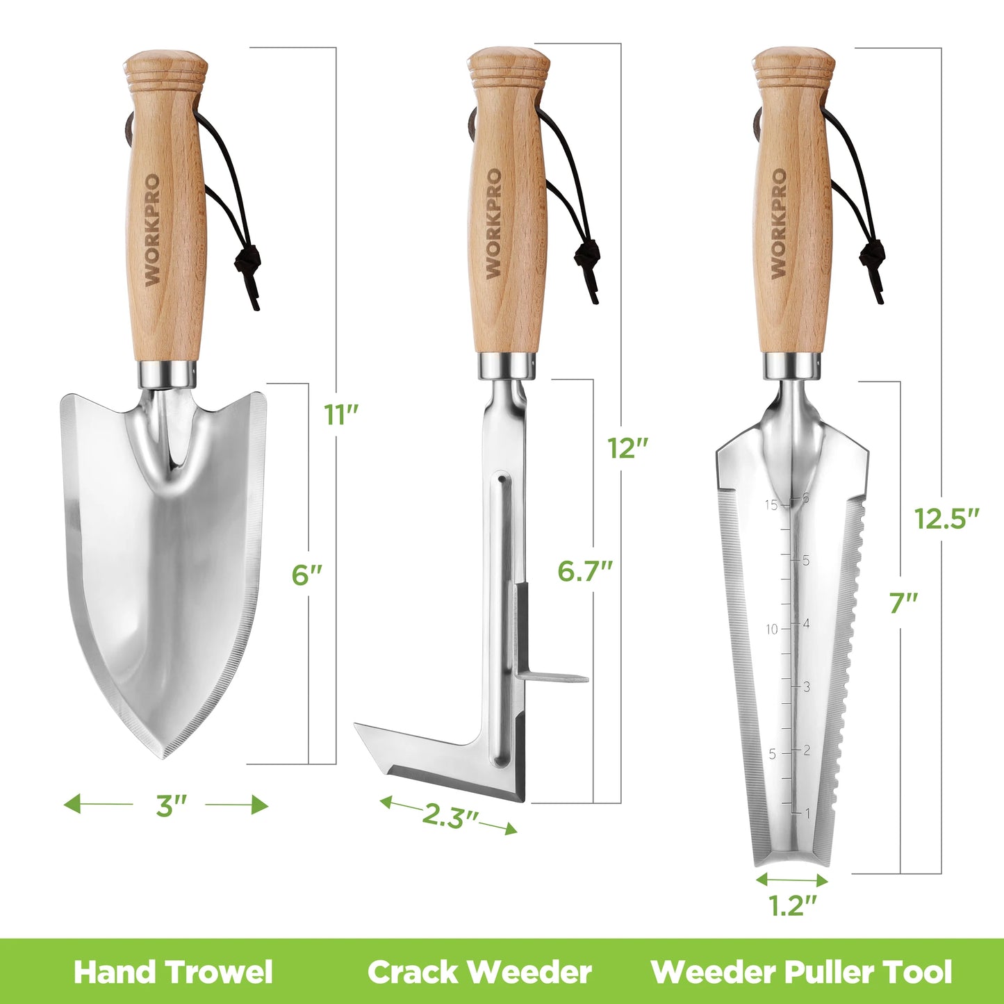 WORKPRO Garden Tool Set 3 Pcs Gardening Tools with Wood Handle, Weed Puller, Crack Weeder and Hand Trowel, Durable Garden Hand