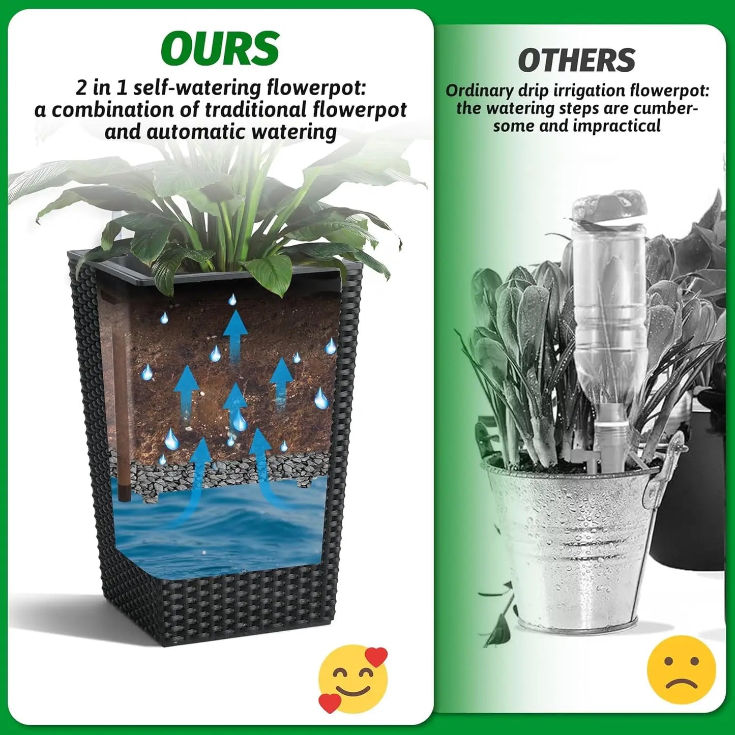 Outdoor Planters 16" Tall Flowers Plant Pots Set of 2 with Tray, Wicker Design & Water Level Gauge Indoor/Outdoor Garden Decor