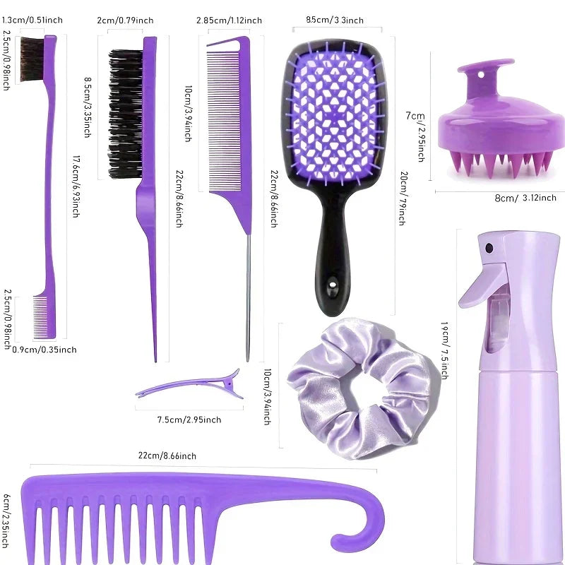 Hair Styling & Care Set  Detangling Brushes, Teasing Comb, Rat Tail, Edge Control, Silicone Scalp Massager, Shampoo Brush For Al