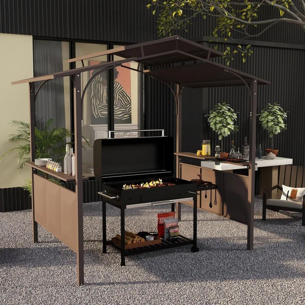 8'x5' BBQ Grill Gazebo with 2 Side Shelves, Outdoor Double Tiered Interlaced Polycarbonate Roof with Steel Frame, Brown