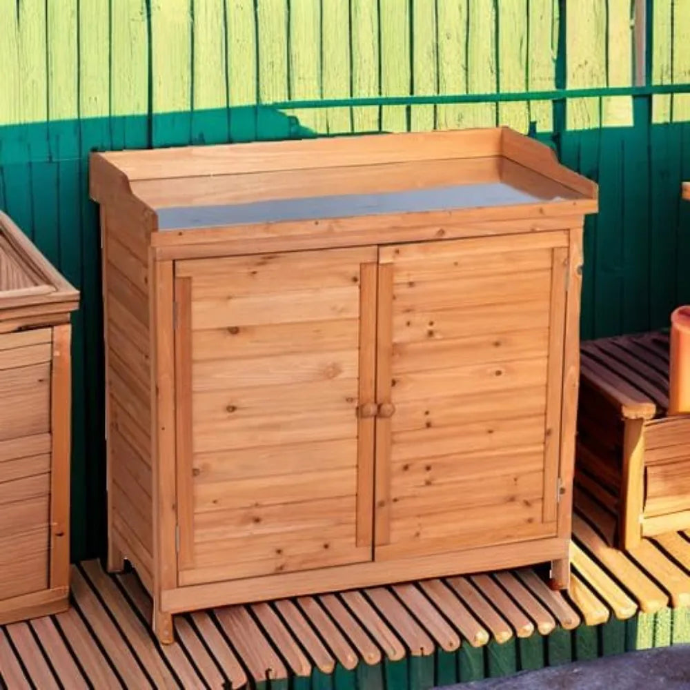 Outdoor Garden Patio Wooden Storage Cabinet Furniture Waterproof Tool Shed with Potting Benches Outdoor Work Station Table