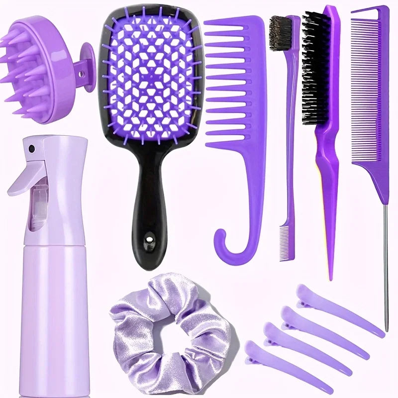Hair Styling & Care Set  Detangling Brushes, Teasing Comb, Rat Tail, Edge Control, Silicone Scalp Massager, Shampoo Brush For Al