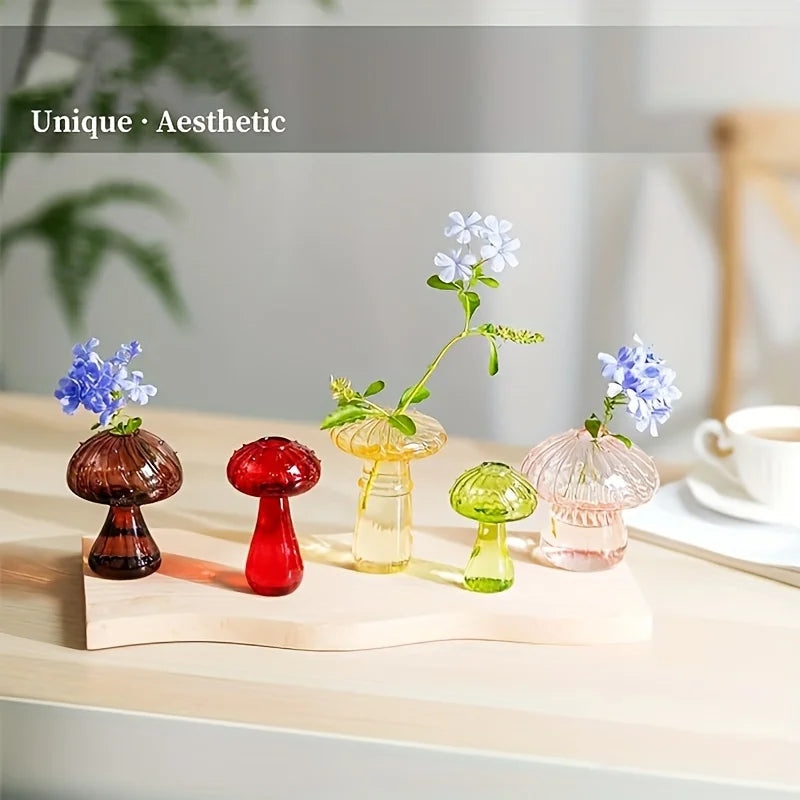 5 Colors Plant Mushroom Glass Vase, Mini Plant Glass Container, Unique Small Glass Vase, Home Christmas Halloween Decoration
