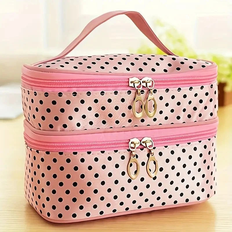 Double Layer Makeup Bag for Travel with Brush Storage & Handle - Polka Dot Toiletry Pouch for Women, Spacious Cosmetic Organizer
