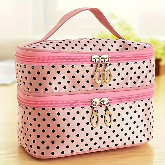Double Layer Makeup Bag for Travel with Brush Storage & Handle - Polka Dot Toiletry Pouch for Women, Spacious Cosmetic Organizer