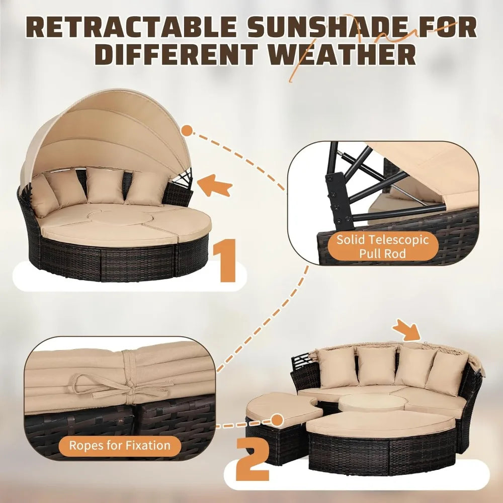Garden Sofa Bed W/Washable Cushions, Sofa Bed Round Daybed W/Clamshell Sectional Seating Wicker Furniture & Retractable Canopy