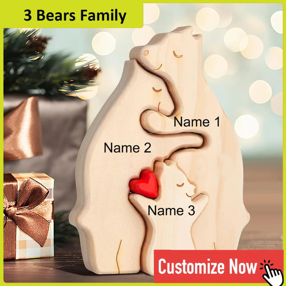 Personalized Custom Bear Family Wooden Puzzle DIY Free Engraving Name Sculpture Home Desk Decor Figurines Christmas Birthday Gift
