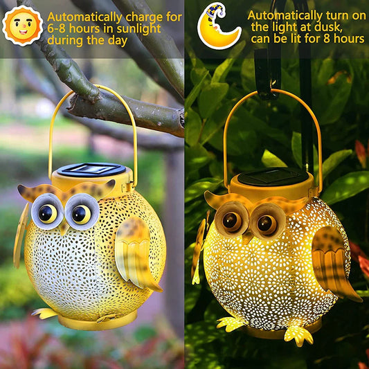 Iron Art Hanging Solar Lanterns IP44 Waterproof Outdoor Solar Lantern 600mAh Hollow Owl Shape Light Villa Garden Decoration Lamp