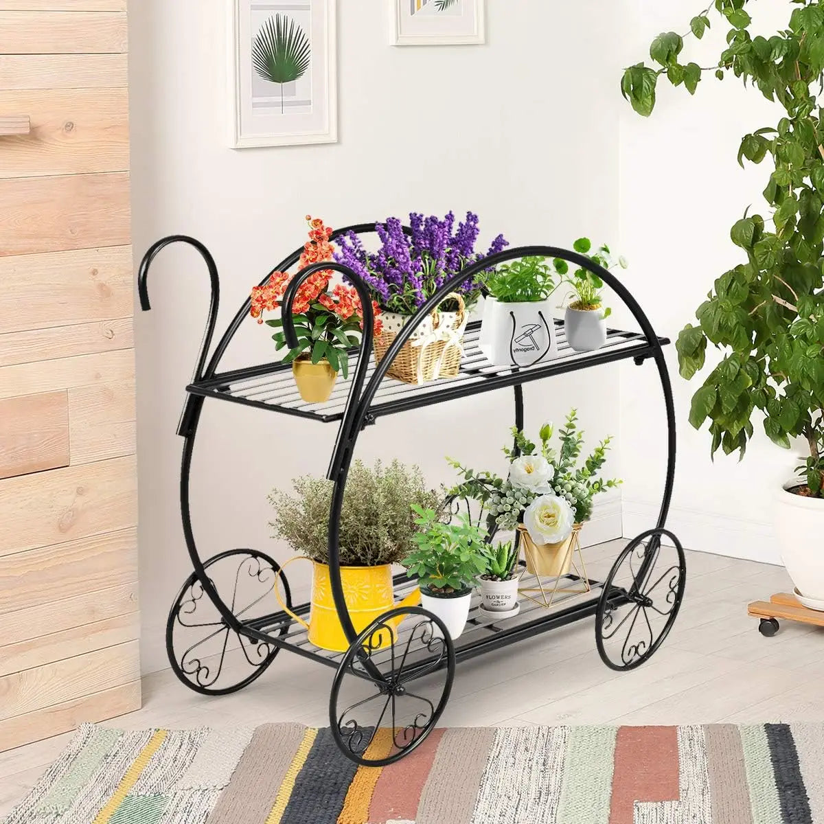 Garden Cart Metal Plant Stand with 4 Decorative Wheels, Succulent Collection Flower Pot Holder Display Shelf for Home Patio