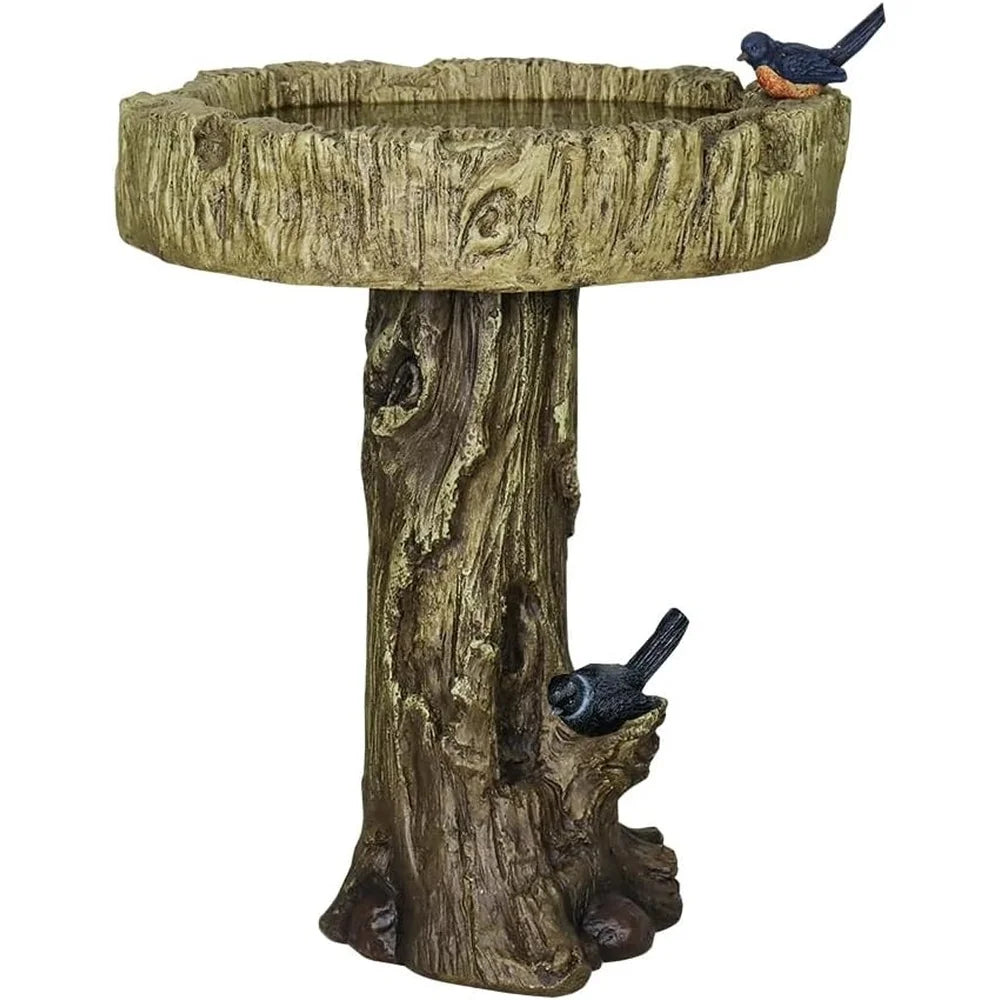 Outdoor Garden Bird Bath 24.4 Inch Fibre Reinforced Concrete Fountain with Woodland Tree Trunk Design Bird Figurines Yard Decor