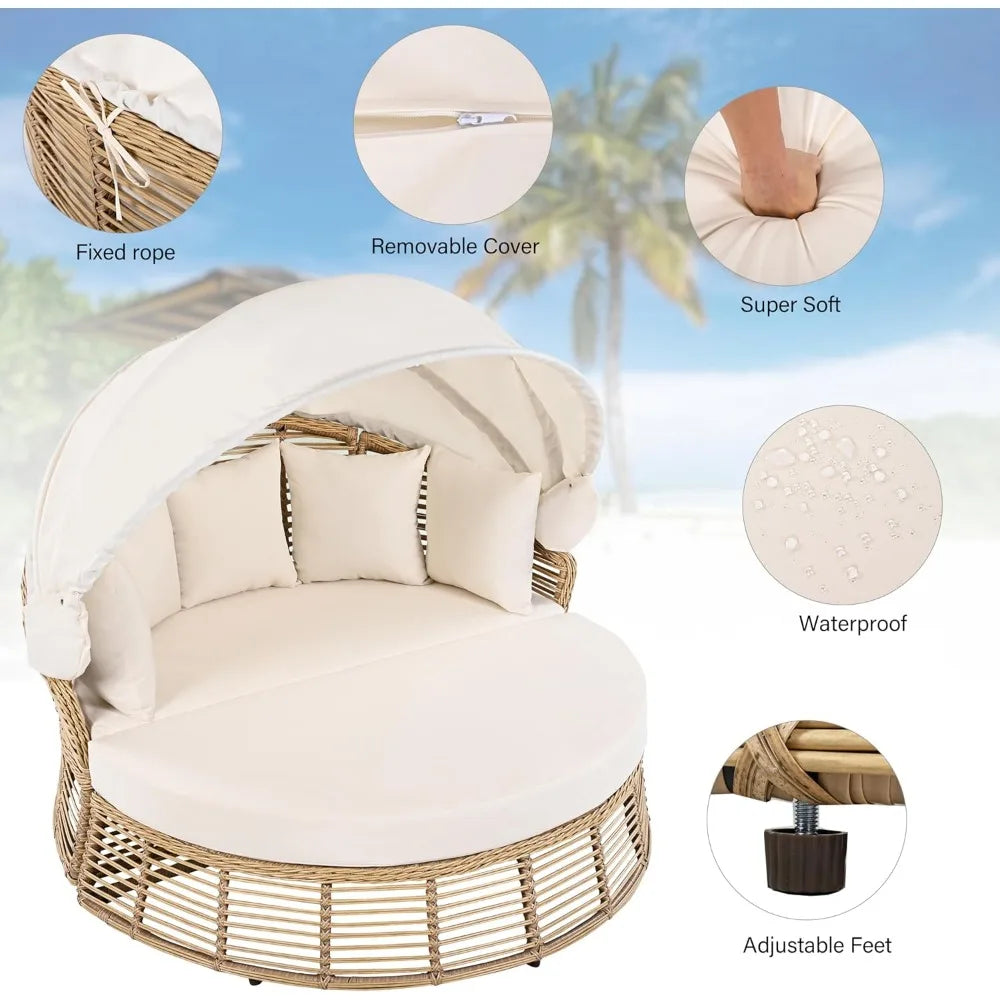 Patio Rattan Round Daybed with Retractable Canopy, Wicker Sofa Sunbed with Removable Cushions,for Outdoor Backyard Porch Lawn Ga