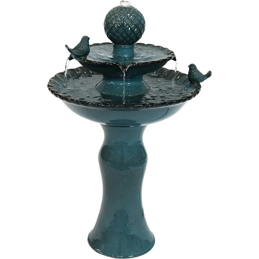Two Level Ceramic Outdoor Water Fountain Blue Garden Decor