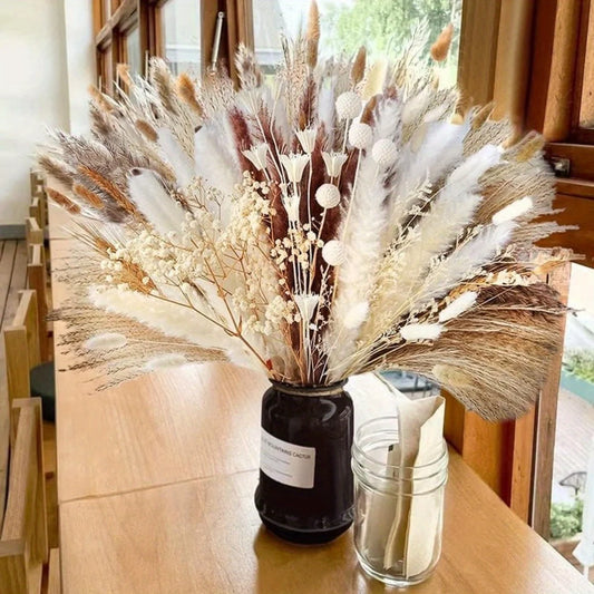 109Pcs Natural Dried Pampas Grass Bouquet with Bunny Tails Dried Flowers Pompas for Boho Home Decor, Wedding Floral