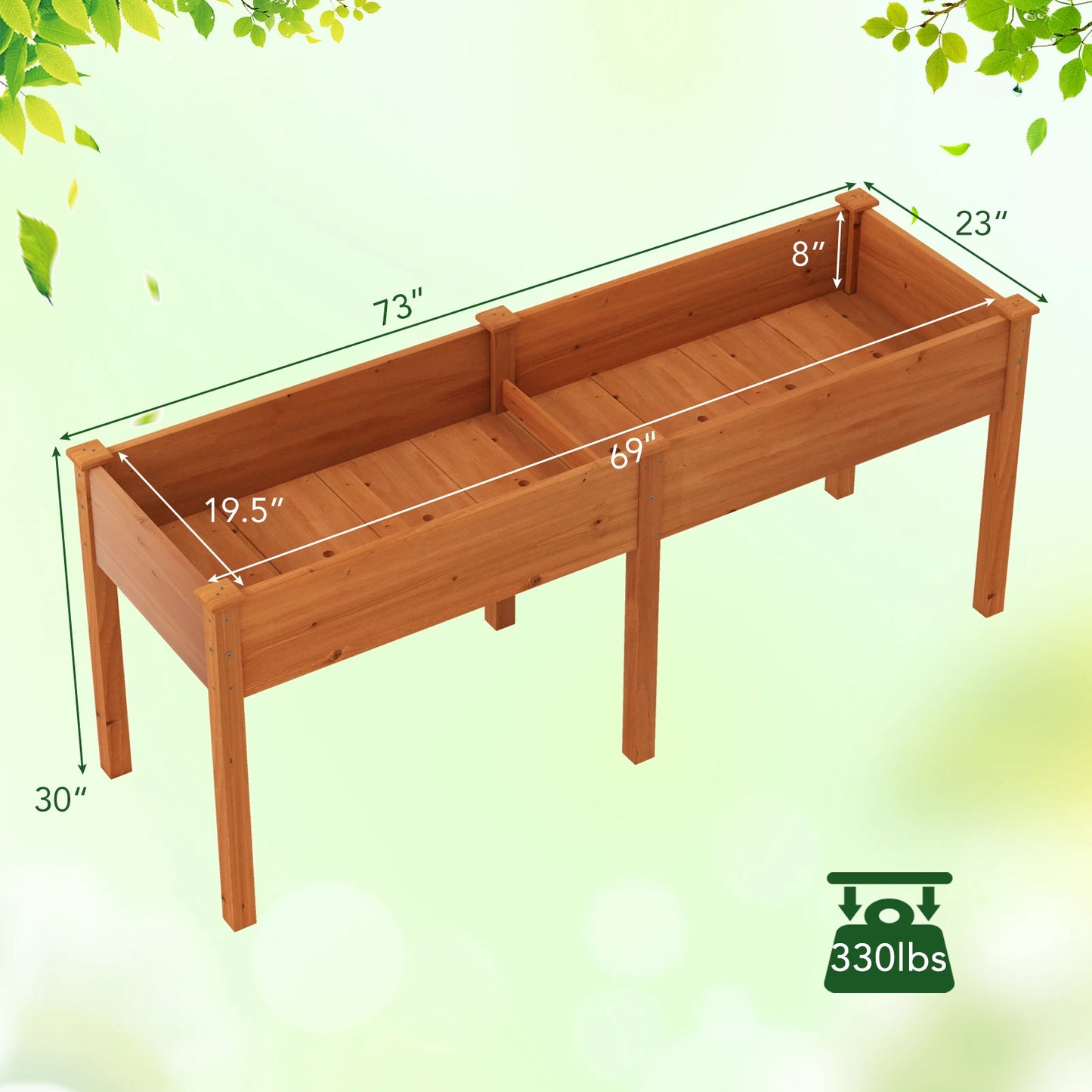 Outdoor Raised Garden Bed with Legs 73x23x30 Inches Wood Planter Box with Divider Panel