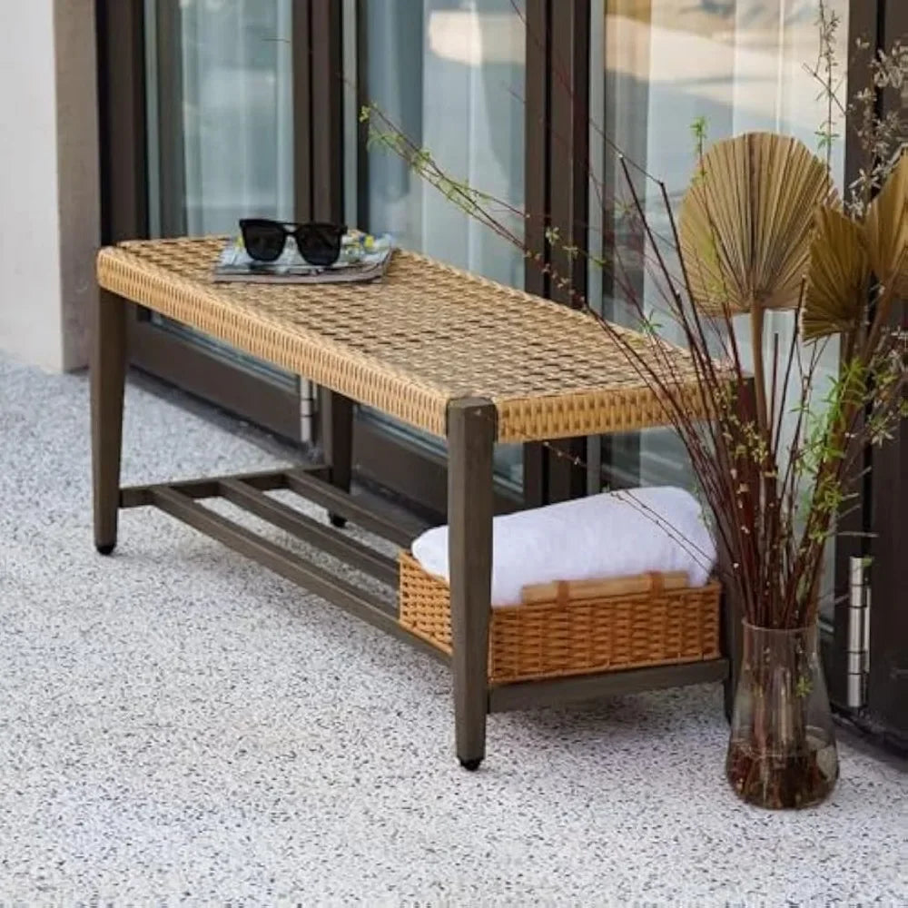 "Outdoor Wicker Storage Bench - 2-Seat Patio Bench for Garden, Porch, Living Room & Bedroom"