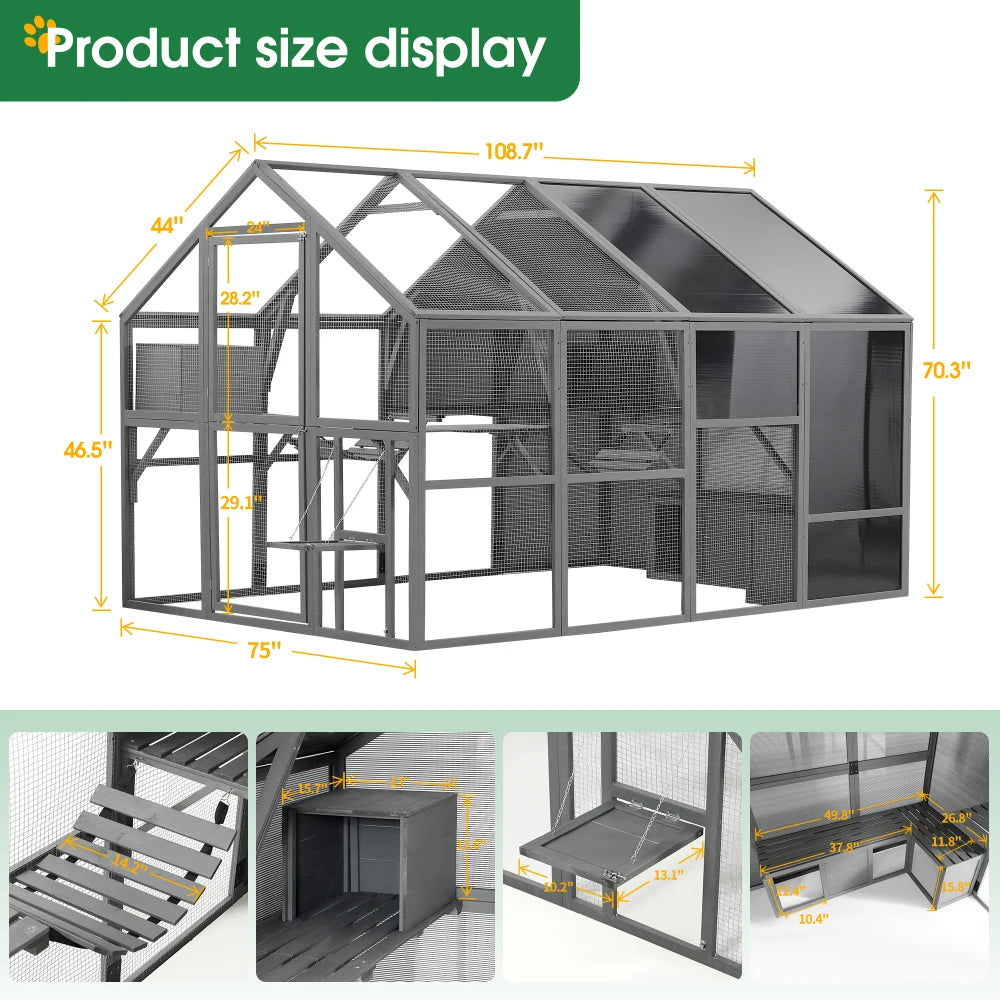 Luxury Outdoor Wooden Cat Catio Enclosure with Walk-In House and Play Features for Multiple Pets
