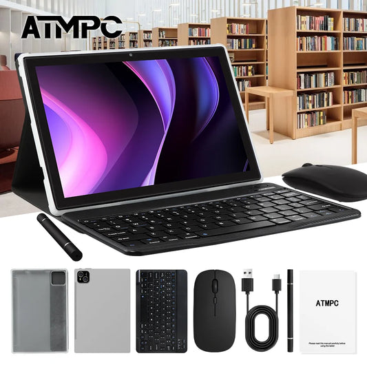 ATMPC 10.1 Inch Android 14, 12GB RAM, 128GB ROM, Octa-Core, BT 5.4, WIFI 6, With Keyboard, Mouse, Case, Stylus 2 In 1 Tablet PC