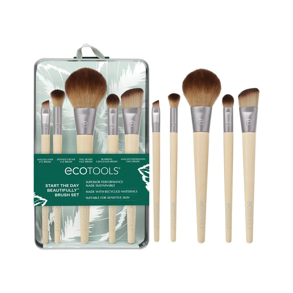 6 Piece Eco-Friendly Makeup Brush Set with Storage Tray Blush Angled Foundation Concealer Eyeshadow Liner Brushes Daily Beauty