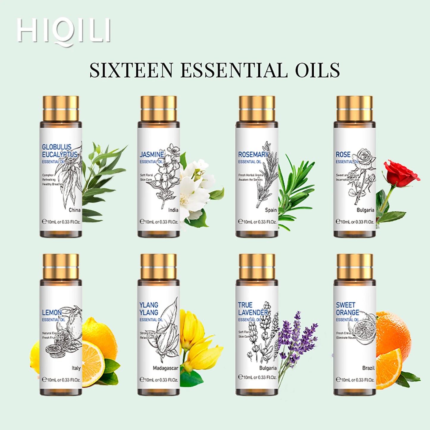 HIQILI 16 PCS 10ML Essential Oils Set Pure Lavender Eucalyptus Vanilla Jasmine Mint Rose for Diffuser Humidifier Candles