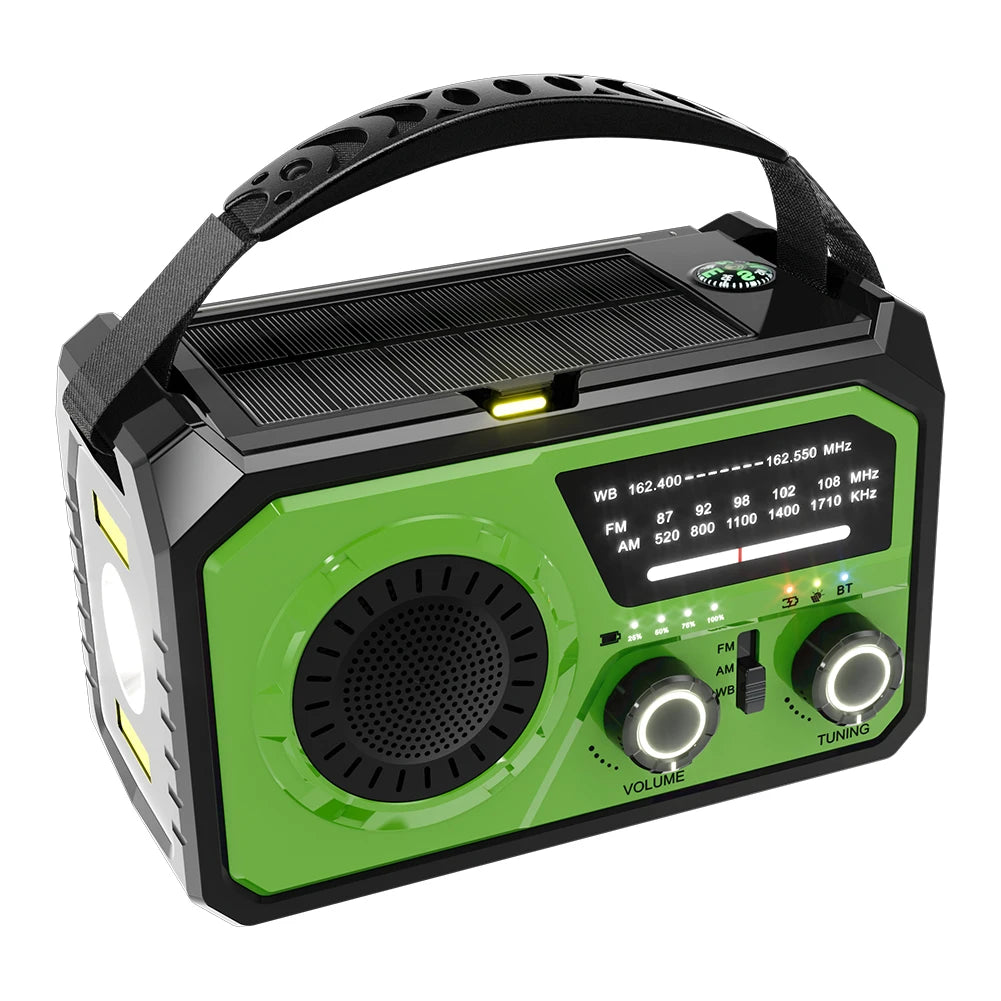 Emergency Weather Radio Bluetooth 5.3 Speaker Hand Crank/Solar/Type-C AM/FM/WB NOAA LED Flashlight 16000mAh Reading Lamp