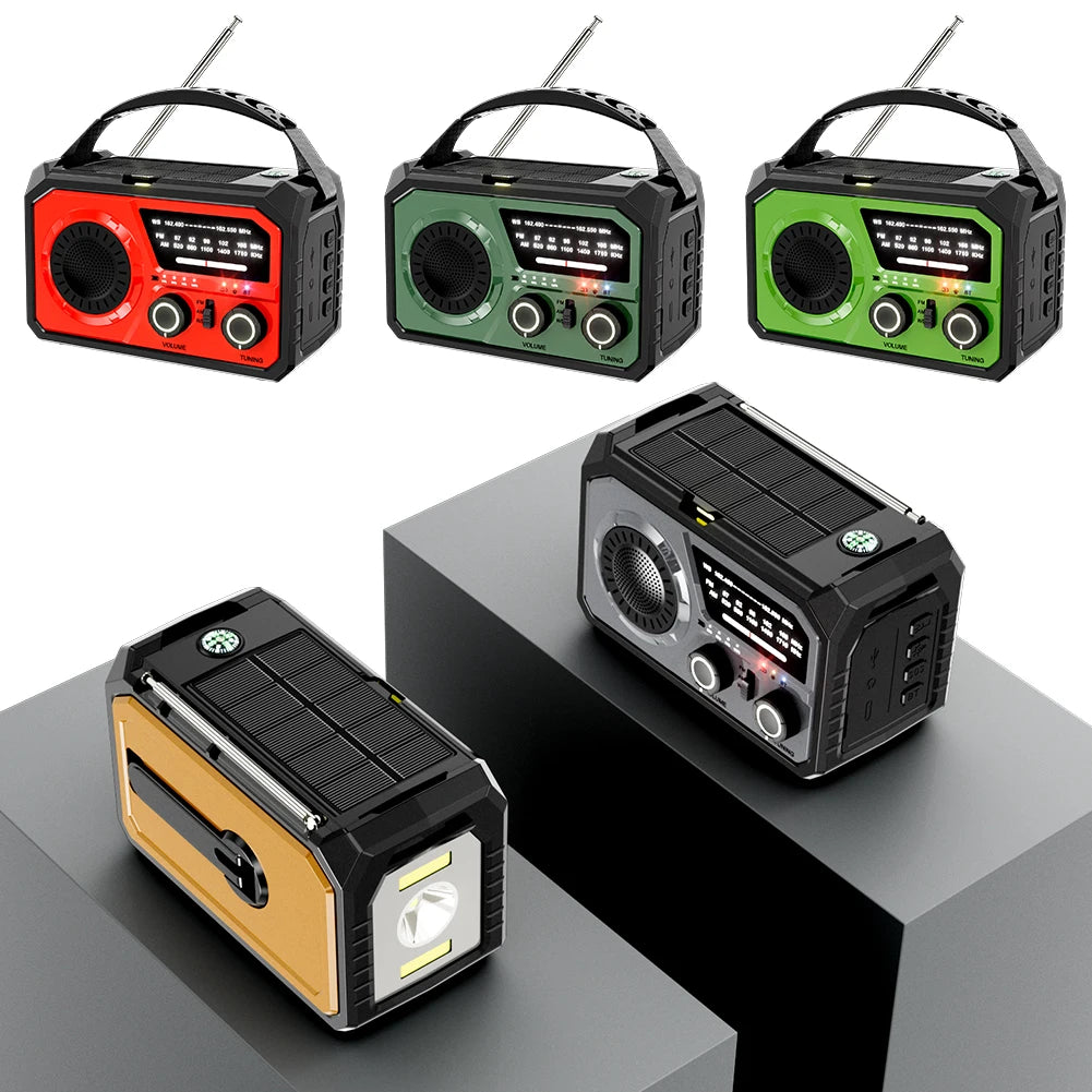 Emergency Weather Radio Bluetooth 5.3 Speaker Hand Crank/Solar/Type-C AM/FM/WB NOAA LED Flashlight 16000mAh Reading Lamp